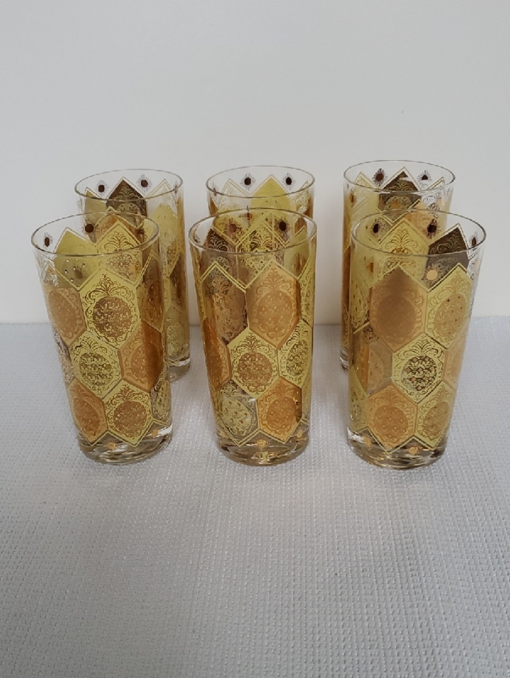 Vintage Ned Harris Cera Gold Pineapple Highball Tumbler Glasses - Set of 6